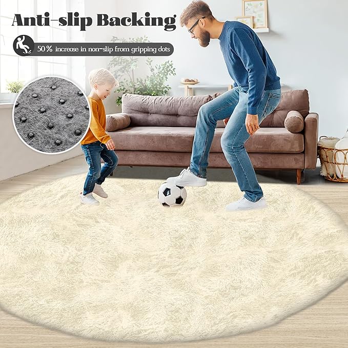 4FT Round Rug for Bedroom: Fluffy Shag Soft Washable Rugs Circle Small Fuzzy Plush Indoor Carpet for Living Room Nursery Playroom Dorm Kids Girls Boys Room (Cream White, 4'x4')-CubbioJoy
