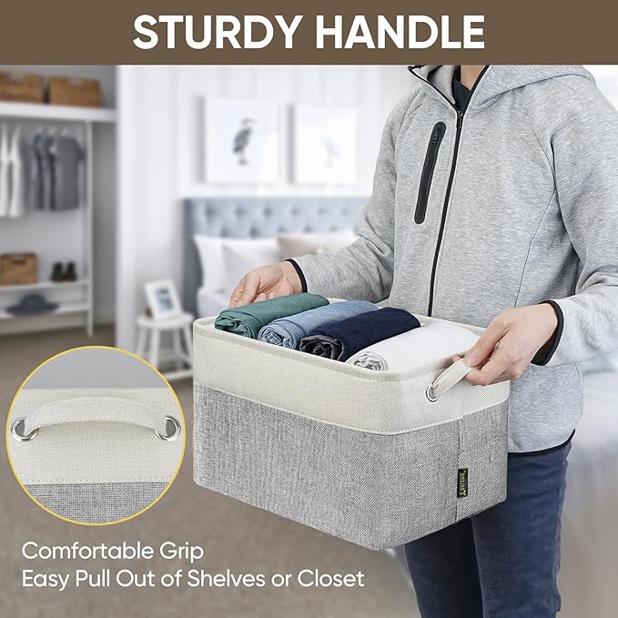 BALEINE 2 Pack Fabric Storage Bins for Shelves, Linen Storage Baskets for Organizing, Decorative Closet Bins for Clothes, Home (Grey, 15"x11"x9.5")-CubbioJoy