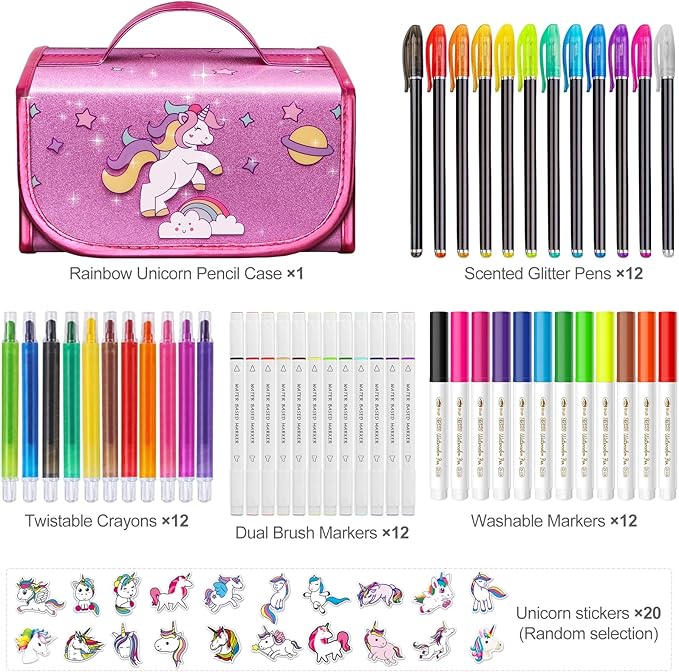 beefunni Unicorn Washable Markers Set 48 pcs with Glitte Pencil Case, Art Supplies for Kids Ages 4-6-8, Arts Crafts Coloring Set with Stickers - Birthday Gifts for Girls 4 5 6 7 8 9 Year Old-CubbioJoy