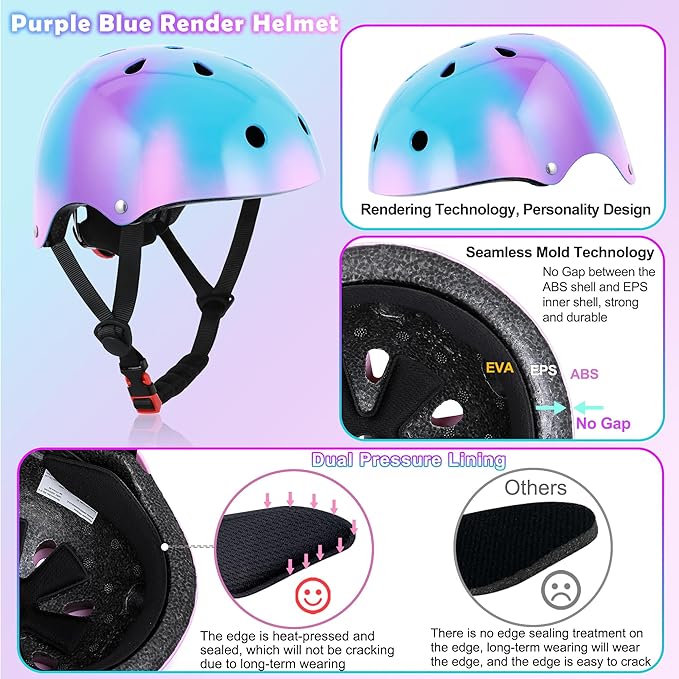 Kids Bike Helmet with DIY Stickers and Knee Pads Elbow Pads Wrist Guard Set for Ages 3-8-14 Toddler Boys Girls Helmet for Roller Skates Cycling Skateboarding Bicycle Scooter-CubbioJoy