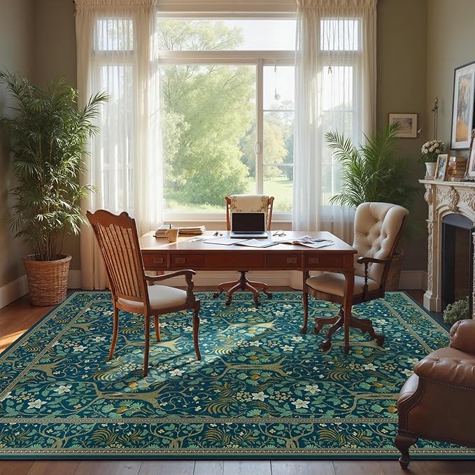 Joydeco Washable Large Area Rug 8x10, Boho Floral Rugs for Living Room Non Slip, Soft Low-Pile Botanical Forest Indoor Floor Throw Carpet for Dining Home Office Playroom, Dark Blue-CubbioJoy