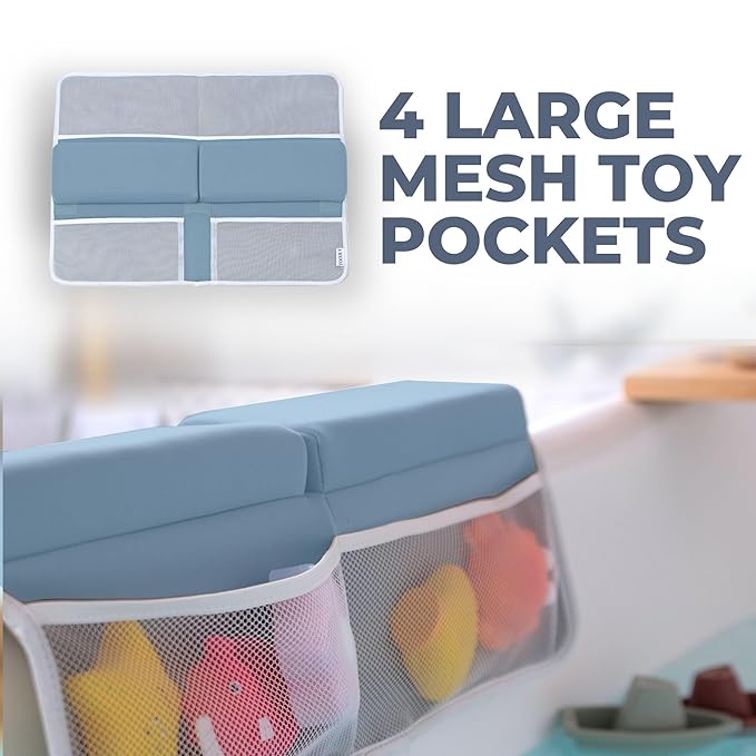 Comfortable Baby Bath Kneeler and Elbow Rest Pad Set – Thick Memory Foam Bath Kneeling Pad with Elbow Support – Baby Bathtub Cushion with Toy Organizer for Bathing Infant or Toddler - Blue-CubbioJoy