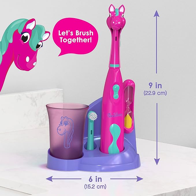 Brusheez Kids’ Electric Toothbrush Set - Safe & Effective for Ages 3+ - Parent Tested & Approved with Gentle Bristles, 2 Brush Heads, Rinse Cup, 2-Minute Timer, & Storage Base (Prancy The Pony)-CubbioJoy