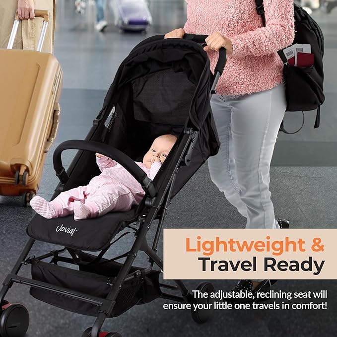 Jovial Lightweight Travel Baby Stroller - One-Hand Folding Compact Stroller with Multi-Position Reclining System - Retractable Sun Canopy, Extra-Large Storage Basket - Includes Airplane Storage Bag-CubbioJoy