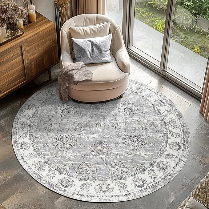 jinchan Round Rug 4ft Area Rugs Vintage Floral Distressed Design - Machine Washable Non-Slip Low-Pile Ultra-Thin Circle Rug for Entryway Bedside Living Room Dining Room Bedroom (4' Round,Grey)-CubbioJoy