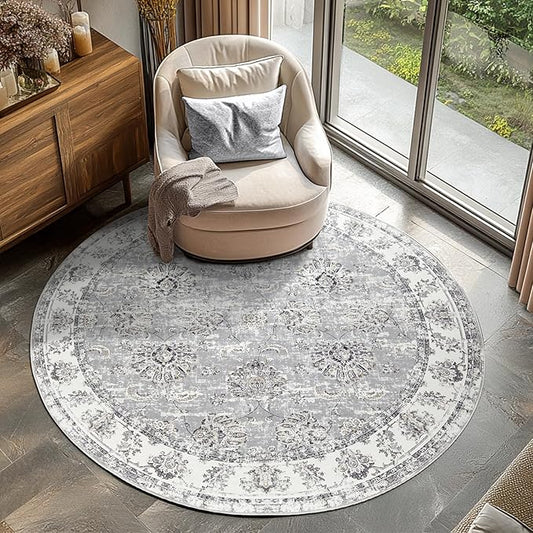 jinchan Round Rug 6ft Area Rugs Vintage Floral Distressed Design - Machine Washable Non-Slip Low-Pile Ultra-Thin Circle Rug for Entryway Bedside Living Room Dining Room Bedroom (6' Round,Grey)-CubbioJoy