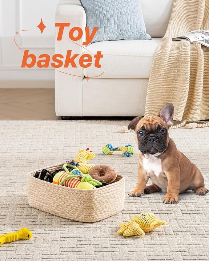 KALLAX Small Woven Basket, 13.5 x 9.5 x 5 Inches, Storage Basket for Organizing, Cute Small Rope Shelf Closet Cube Storage Bins Baskets for Shelves, Dog Toy Gift Baskets Empty, 3 Packs, Beige-CubbioJoy