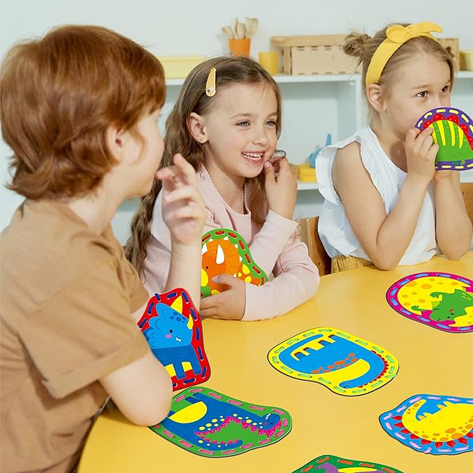 9 Pieces Kids Lacing Cards, Double Sided Sewing Cards in 9 Dinosaurs with 9 Colorful Laces, Imagination Development Lacing Toys Games for Children Educational and Learning Activity-CubbioJoy