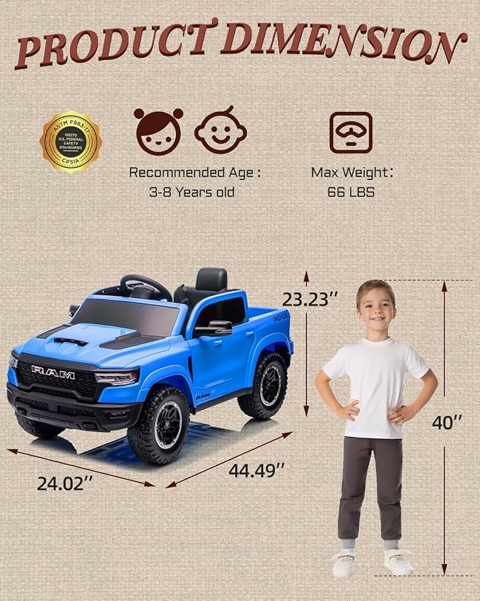 12V Kids Electric Vehicles, Licensed Ram 1500 RHO Kids Ride on Truck with Remote Control, Ride on Car for Children with Smooth Start, Truck Bed Storage, Bluetooth, Aux Port (Blue)-CubbioJoy