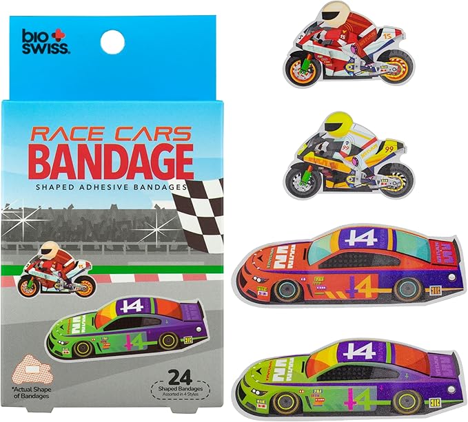 BioSwiss Bandages, Race Cars Shaped Self Adhesive Bandage, Latex Free Sterile Wound Care, Fun First Aid Kit Supplies for Kids and Adults, 24 Count-CubbioJoy
