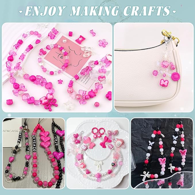 Assorted 170-230PCS Rose Pink Acrylic Beads for Bracelet Making, Flower Bow Butterfly GummyBear Aesthetic Bracelet Charms,Cute Beads for Jewelry Making DIY Necklace Keychain Phone Charm-CubbioJoy