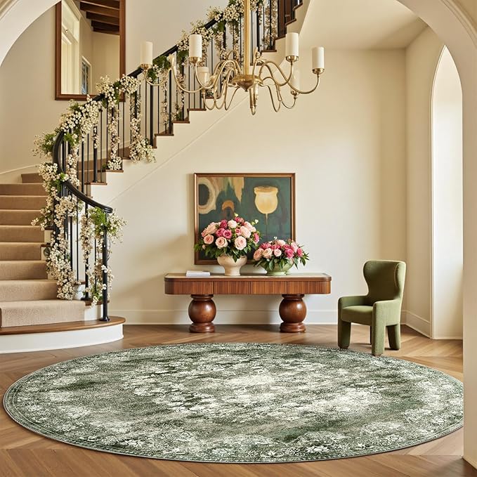 jinchan Round Rug 8ft Area Rug - Green Vintage Floor Mat Kitchen Indoor - Washable Circle 8' Thin Floral Print Carpet Retro Farmhouse Non Slip Dining Room Living Room Bedroom Office-CubbioJoy