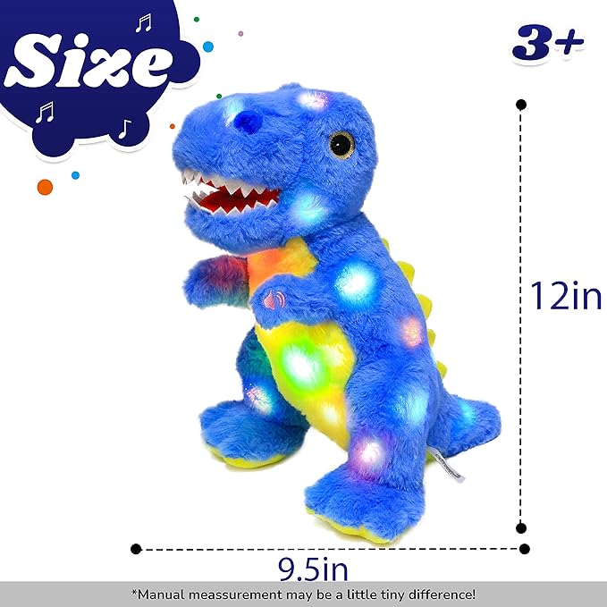Cuteoy Light-up Singing Plush Blue Dinosaur LED Musical Stuffed Animal T-Rex Adjustable Volume Lullaby Plushies Birthday Christmas Toy Gifts for Kids Toddler Girls, 12"-CubbioJoy