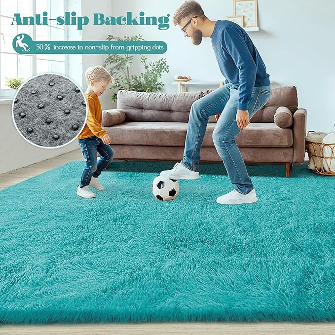 8x10 Area Rug for Living Room: Fluffy Shag Soft Washable Rugs Large Fuzzy Plush Indoor Carpet for Bedroom Nursery Playroom Kids Girls Boys Room (Teal Blue, 8'x10')-CubbioJoy