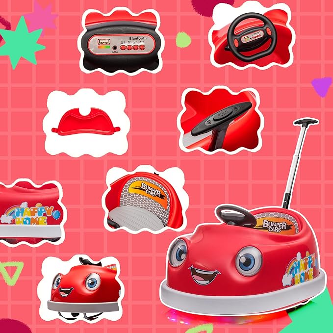 12V Dual Battery Electric Ride on Kids Bumper Car w/Remote Control,360 Degree Spin,Push Rod Rocker Horse Function,3-Speeds Babies & Toddlers Bumping Car Ride on Toy Gift for 1-4 Years Children (Red)-CubbioJoy