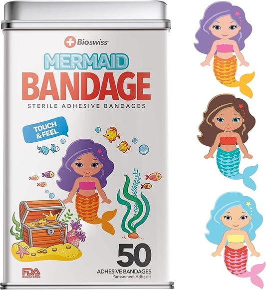 BioSwiss Bandages, Mermaid Shaped Self Adhesive Bandage, Latex Free Sterile Wound Care, Fun First Aid Kit Supplies for Kids, 50 Count-CubbioJoy