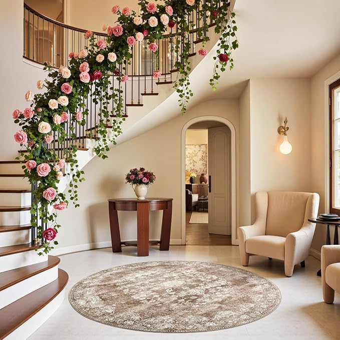 jinchan Round Rug 5ft Area Rug - Brown Vintage Floor Mat Kitchen Indoor - Washable Circle 5' Thin Floral Print Carpet Retro Farmhouse Non Slip Dining Room Living Room Bedroom Office-CubbioJoy