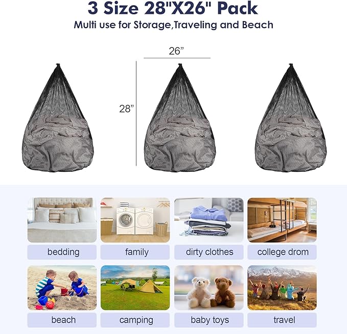 3Pcs Mesh Laundry Bags Washing Machine Mesh Wash Bags Jumbo for Delicates Clothes,Bed Linen,Toys with Drawstring Closure Sturdy (Black, Jumbo 3 pcs)-CubbioJoy