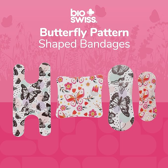 BioSwiss Bandages, Assorted Size Butterfly Print Self Adhesive Bandage, Latex Free Sterile Wound Care, First Aid Kit Supplies for Kids and Adults, 60 Count-CubbioJoy