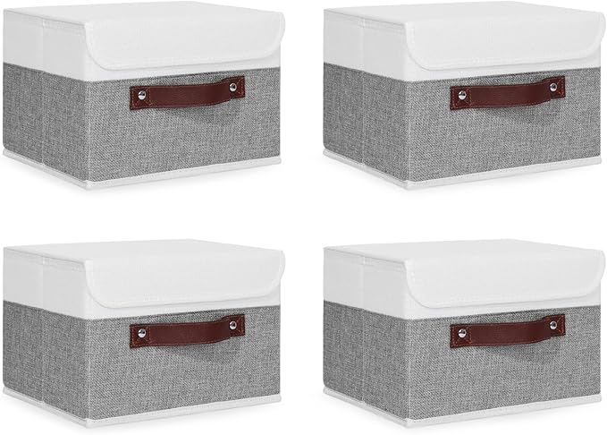 ANMINY 4PCS Storage Boxes with Lid Washable Decorative Storage Bins Basket with PU Leather Handle Foldable Linen Fabric Storage Cubes Containers for Home Closet Organizer - Gray White, Small Size-CubbioJoy