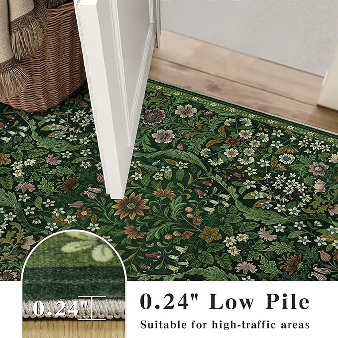5×7 Dark Green Washable Floral Area Rug,Vintage Boho Soft Low-Pile Living Room Rugs, Stain Resistant Botanical Non-Slip Carpet for Bedroom,Dining Room, Kids Nursery,Home Decor-CubbioJoy