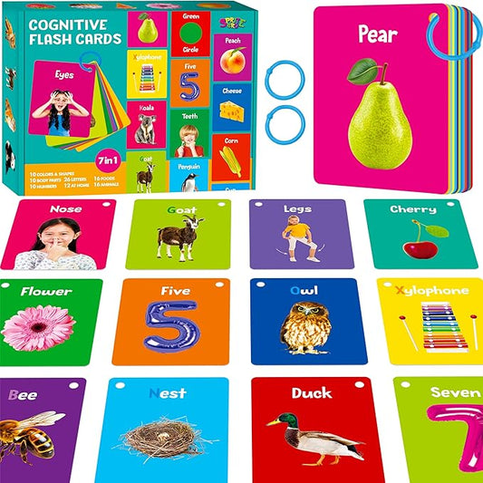 50 PCS Early Learning Flashcards, 7 in 1 Double Sided Cards- Alphabet, Numbers, Foods, Animals, Shapes, Colors with 2 Reclosable Rings, Learning Tool for Pre-K Kindergarten Toddlers-CubbioJoy