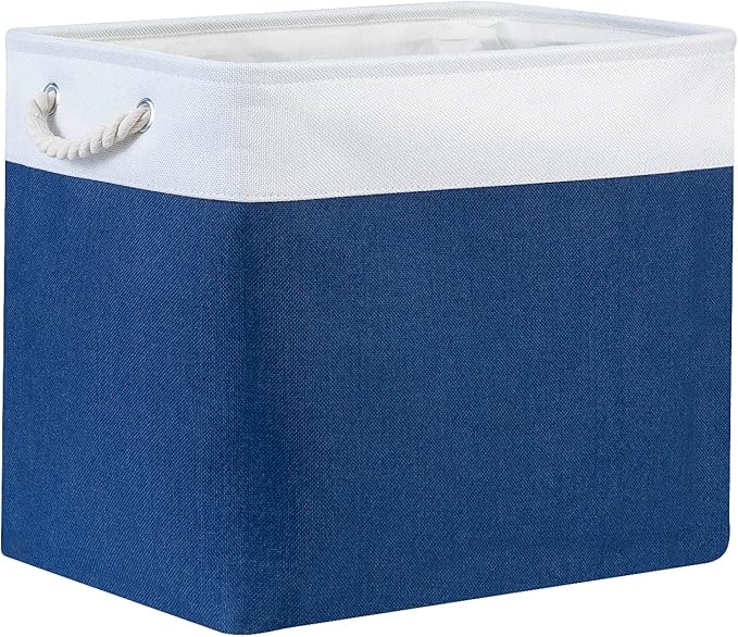 Bidtakay Large Canvas Organization Bins Set of 2 Navy Blue Rectangular Baskets 17x12x15 in for Blankets, Clothes, Towels, Dog Toys Storage-CubbioJoy
