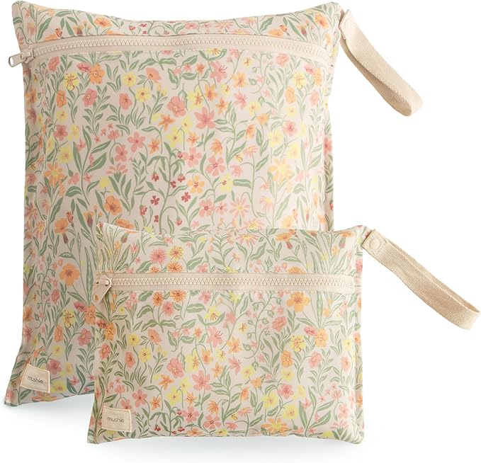mushie Water Resistant Wet Bags | Large & Small Reusable Storage Bag for Baby Items and Travel | Zippered Pockets with Handle | Machine Washable, Set of 2 (Pastel Blooms)-CubbioJoy