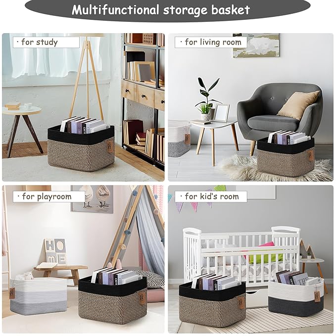 COMFY-HOMI Cotton Rope Woven Basket with Handles for Shelves,Toys,Book, Cloth Storage Baskets Bin for Organizing-13.5"x11"x9.5" Toy Decorative Organizer for Living Room, Bathroom-Black/Jute-CubbioJoy