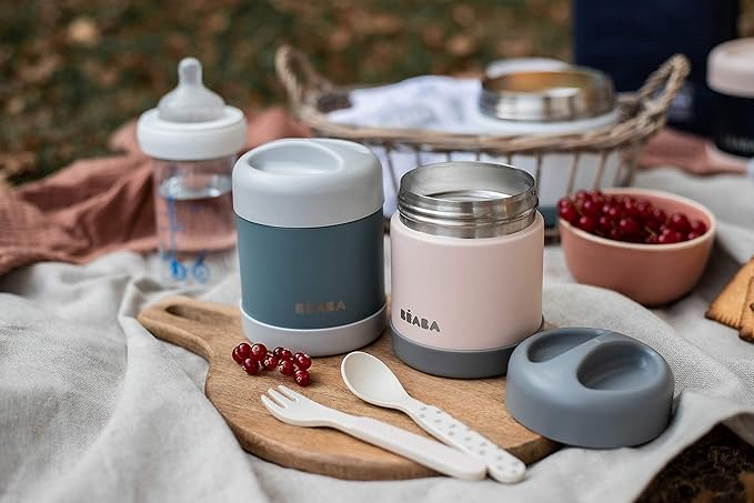 Beaba Stainless Steel Insulated Food Jar 10 oz, Kids Thermos, Lunch Containers, Leakproof, Wide Opening, Suitable for Hot and Cold Foods (Rose)-CubbioJoy