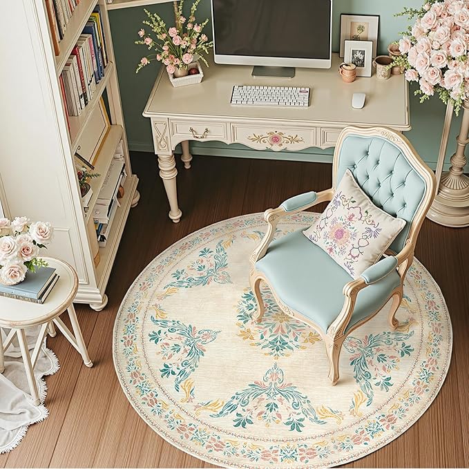 jinchan Round Rug 5ft Area Rugs Vintage Floral Distressed Design,Machine Washable Soft Non-Slip Low-Pile Ultra-Thin Circle Rug for Entryway Living Room Dining Room Bedroom (5' Round,Apricot Multi)-CubbioJoy