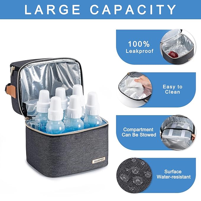 Breastmilk Cooler Bag with Ice Pack Fits 6 Baby Bottles up to 9 Ounce, Breastmilk Pump Cooler Bag with Shoulder Strap for Nursing Mom Daycare, Work, Travel- Grey-CubbioJoy