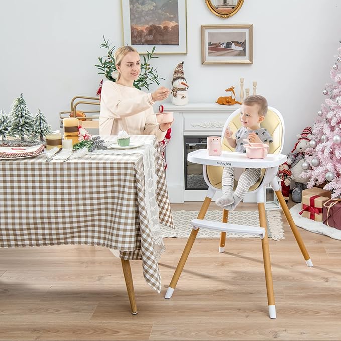 BABY JOY Convertible Baby High Chair, 3 in 1 Wooden Highchair/Booster/Chair with Removable Tray, Adjustable Legs, 5-Point Harness, PU Cushion and Footrest for Baby, Infants, Toddlers (Beige)-CubbioJoy