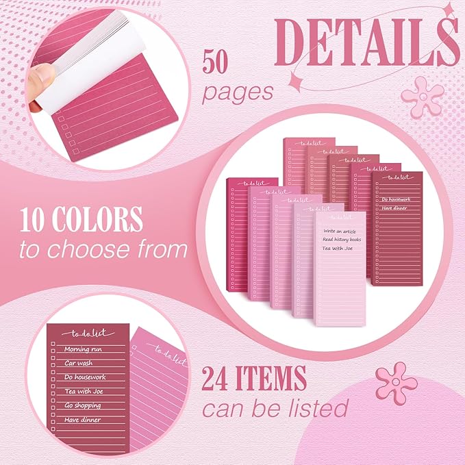 Censen 10 Pack 500 Sheets To Do List Notes Daily Checklist Notepads with 50 Sheets Each Undated Color Memo Pad Block Shopping List Pad Weekly Plan Notepad Organizer Planners (Gradient Pink,Lined)-CubbioJoy