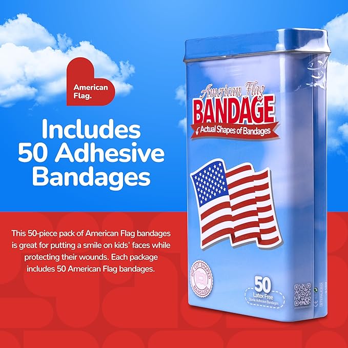 BioSwiss Bandages, American Flag Shaped Self Adhesive Bandage, Latex Free Wound Care, Fun First Aid Kit Supplies for Kids and Adults, 50 Count-CubbioJoy