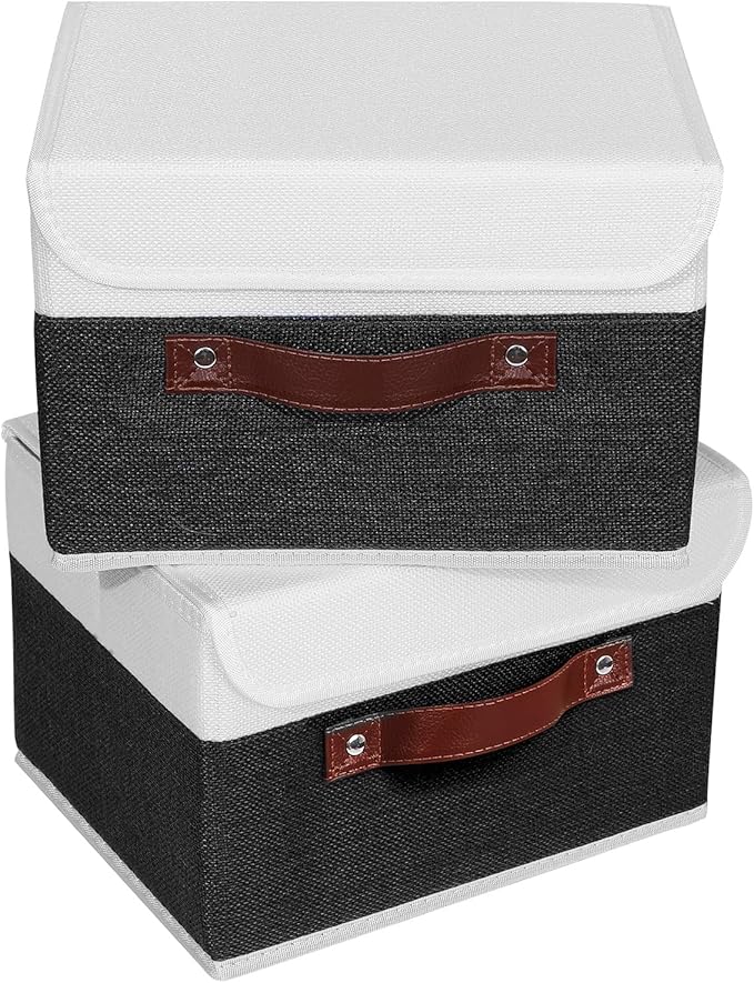 ANMINY 2PCS Storage Boxes with Lid Washable Decorative Storage Bins Basket with PU Leather Handle Foldable Linen Fabric Storage Cubes Containers for Home Closet Organizer - Black White, Small Size-CubbioJoy