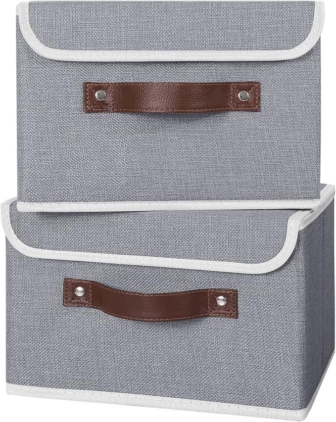 ANMINY 4PCS Storage Bins with Lid PU Leather Handles Storage Boxes PP Plastic Board Decorative Foldable Lidded Cotton Linen Fabric Home Cubes Baskets Closet Organizer Containers - Gray, Small Size-CubbioJoy