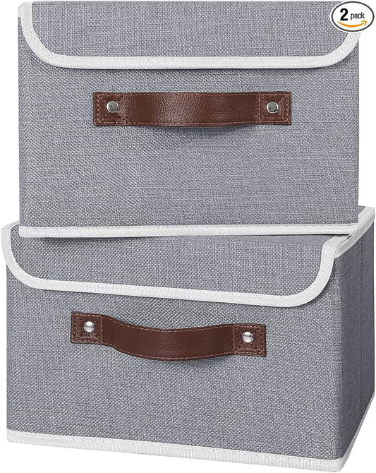 ANMINY 2PCS Storage Bins with Lid PU Leather Handles Storage Boxes PP Plastic Board Decorative Foldable Lidded Cotton Linen Fabric Home Cubes Baskets Closet Organizer Containers - Gray, Small Size-CubbioJoy