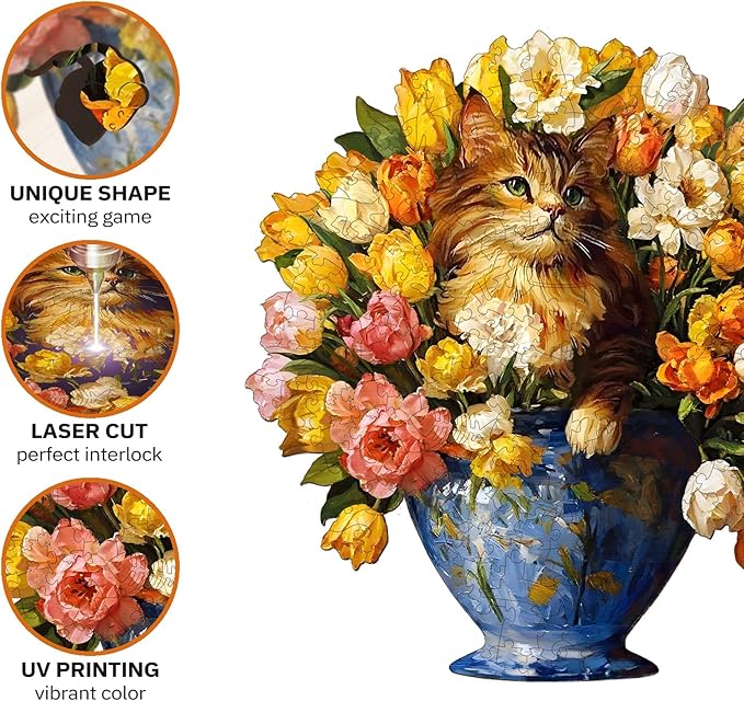 Jigfoxy Wooden Puzzles for Adults, The Vase Cat Wood Puzzles Adult, Unique Animal Shape Wooden Jigsaw Puzzles for Adults, Birthday Gifts for Puzzle Lovers, Family, Friend (S-7.4 * 7.7in-86pcs)-CubbioJoy