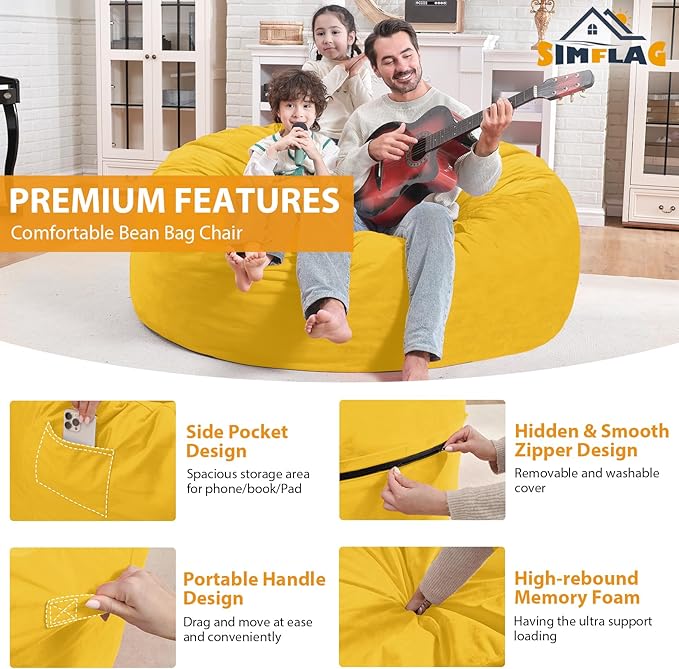 4FT Bean Bag Chair, Large Bean Bag Chairs with Memory Foam Filled, Fluffy Beanbag Sofa with Dutch Velvet Cover, Round BeanBag Chairs for Living Room, Playroom - Lemon-CubbioJoy
