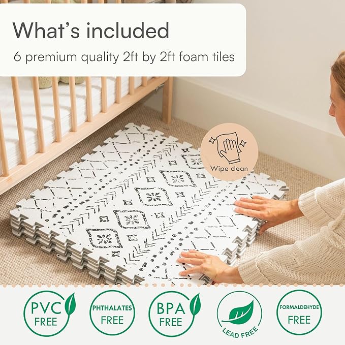 Baby Play Mat for Floor – 4x6ft Boho | Soft Non Toxic Premium EVA Foam Tiles for Tummy Time, Crawling & Playroom – Waterproof Interlocking Floor Mat for Babies & Toddlers by Lillefolk (6 Tiles)-CubbioJoy
