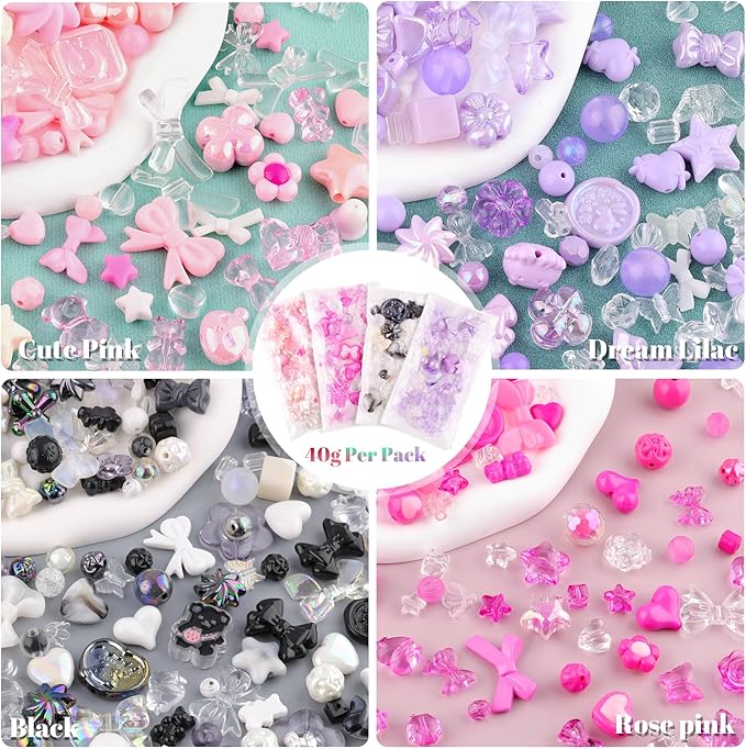 Assorted 180-240PCS Acrylic Beads for Bracelet Making,Flower Bow Butterfly Candy GummyBear Kawaii Aesthetic Bracelet Charms, Cute Beads for Jewelry Making Necklace Keychain Phone Charms DIY-CubbioJoy
