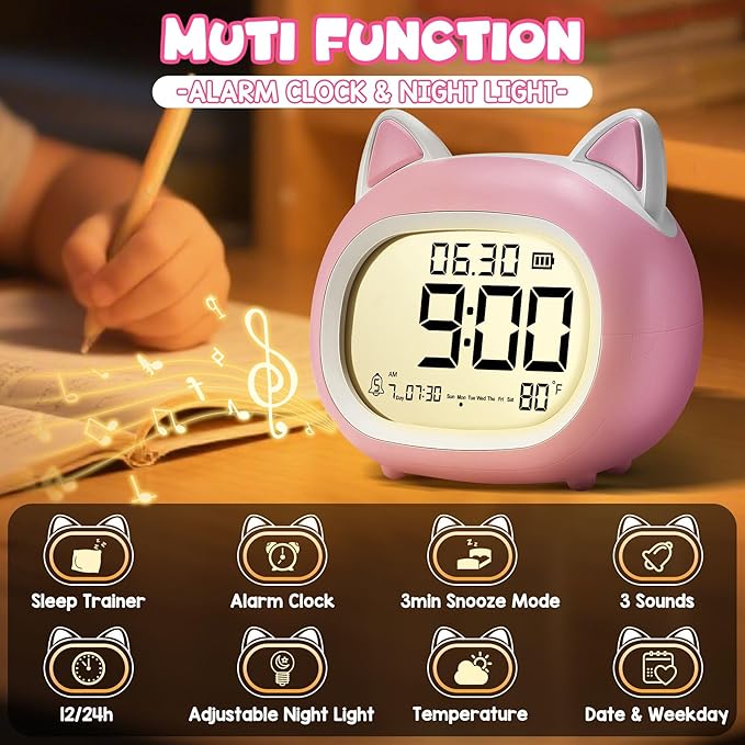 Kids Alarm Clock with Night Light for Kids, Small Digital Alarm Clocks for Bedrooms, Routine Builder, Cute Cat Alarm Clock with Sleep Training, Snooze, 12/24H, Date & Day, Temperature, USB Port-CubbioJoy