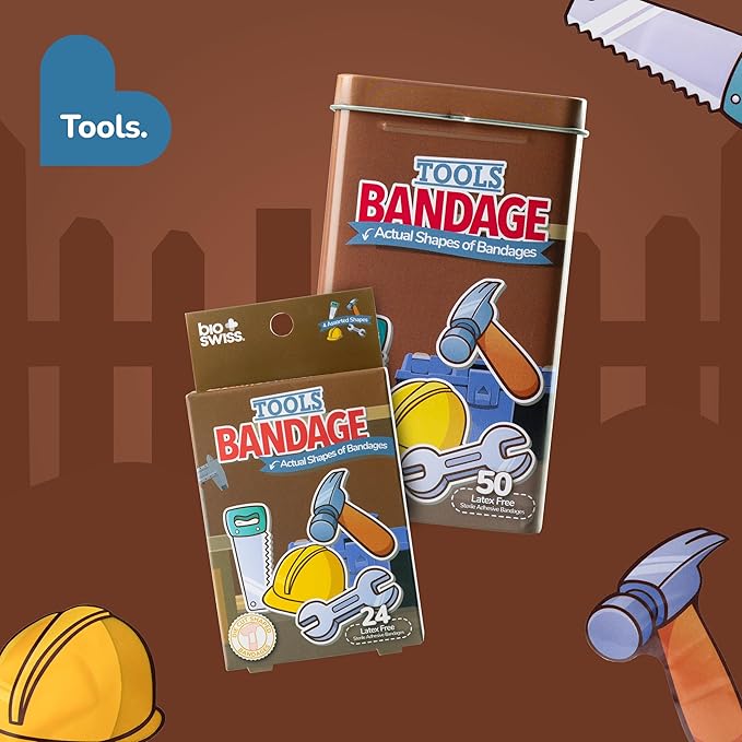 BioSwiss Bandages, Tools Shaped Self Adhesive Bandage, Latex Free Sterile Wound Care, Fun First Aid Kit Supplies for Kids and Adults, 50 Count-CubbioJoy