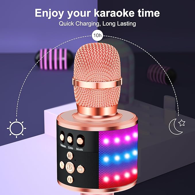 BONAOK Karaoke Microphone for Kids & Adults - Bluetooth Microphones Singing Mic with Disco Lights, Echo Effect, Built-in Speaker Portable Karaoke Player for Party Travel Gifts Q78(Rose Gold)-CubbioJoy