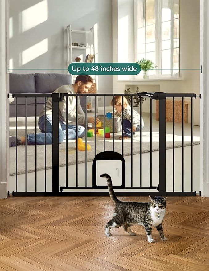 Babelio 36.5-57" Extra Wide Baby Gate with Cat Door,Auto Close&Two Way Swing,Pressure Mounted Dog Gates for Stairs,Doorways,Includes 4 Wall Cups and 3 Extension Pieces,Black-CubbioJoy
