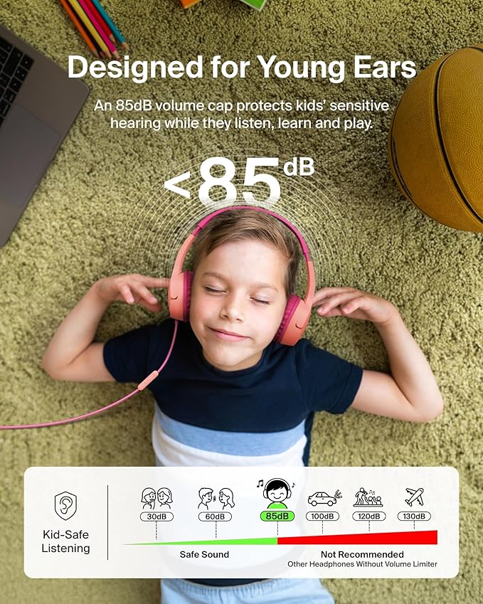 Belkin SoundForm Mini Kids Wired Headphones w/USB C to 3.5mm Dongle, Built-in Mic & Fun Stickers, 85dB Max Volume – for Online Learning, Travel, Compatible w/iPhone 16, iPad, Galaxy S25, etc - Pink-CubbioJoy