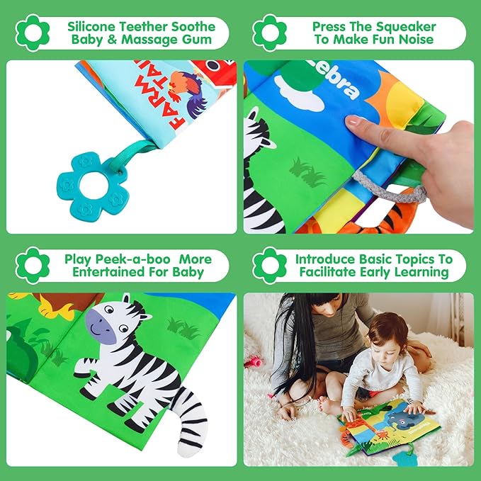 Baby Soft Cloth Crinkle Books Early Education Interactive Stroller Car Seat Sensory Toys with Tails Newborn Development Gifts for 0-6 Months Infants Toddler Baby Boys Girls(Jungle & Farm)-CubbioJoy