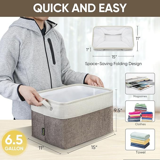 BALEINE 3 Pack Fabric Storage Bins for Shelves, Linen Storage Baskets for Organizing, Decorative Closet Bins for Clothes, Home (Brown, 15"x11"x9.5") ﻿-CubbioJoy