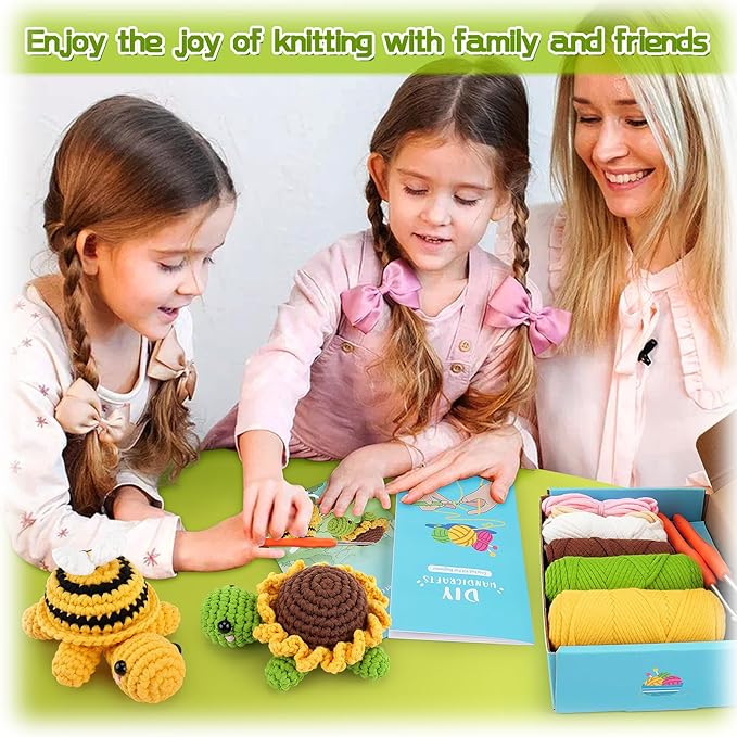Crochet Kit for Beginners, Crochet Animal Kit with Step-by-Step Video Tutorials, 2PCS Bee and Sunflower Turtles Crocheting Kit for Adults Kids, Easy Yarn for Starter, Stuffed Animal Knitting Kit-CubbioJoy
